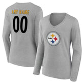 Pittsburgh Steelers Women's Team Authentic Personalized Name & Number Long Sleeve V-Neck T-Shirt - Gray on sale
