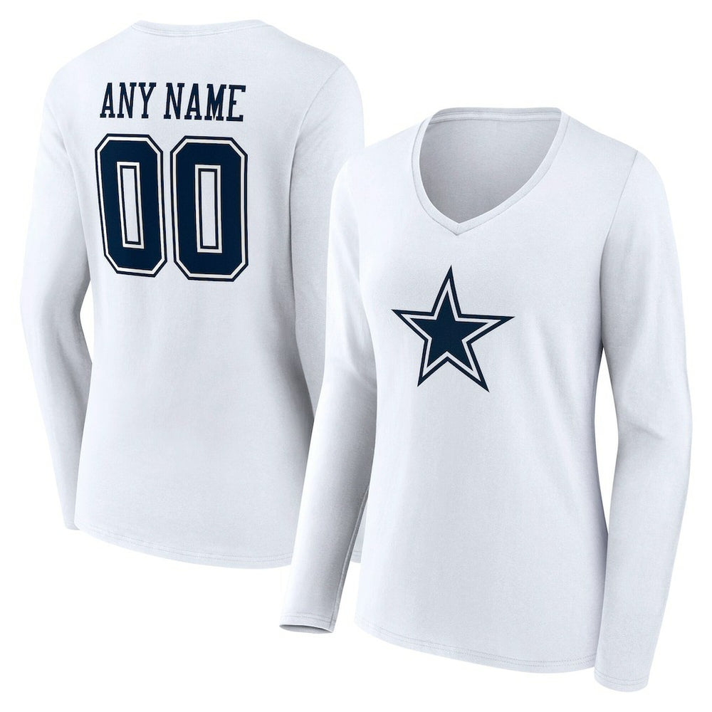 Dallas Cowboys Women's Team Authentic Personalized Name & Number Long Sleeve V-Neck T-Shirt - White outlet