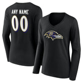 Baltimore Ravens Women's Team Authentic Personalized Name & Number Long Sleeve V-Neck T-Shirt - Black for sale