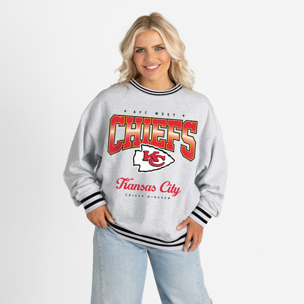 Kansas City Chiefs Gameday Couture Women's Oversized Gridiron Drive Ringer Stripe Sweatshirt - Ash/Black cheap