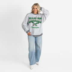 Philadelphia Eagles Gameday Couture Women's Oversized Gridiron Drive Ringer Stripe Sweatshirt - Ash/Black discount