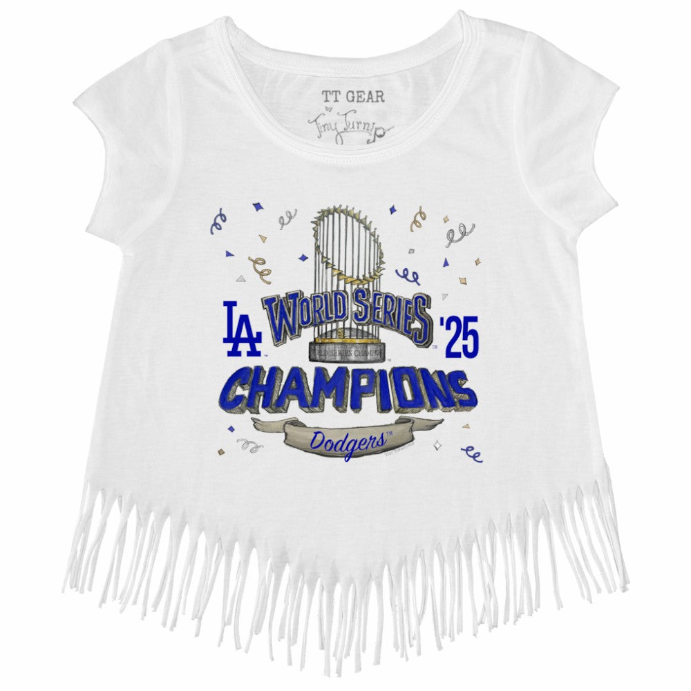 Los Angeles Dodgers Tiny Turnip Girls Youth 2025 World Series Champions Parade Fringe T-Shirt White