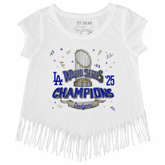 Los Angeles Dodgers Tiny Turnip Girls Youth 2025 World Series Champions Parade Fringe T-Shirt White