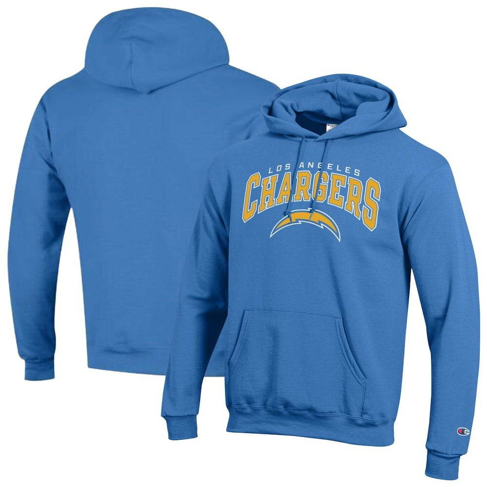 Los Angeles Chargers Champion Powerblend Arch over Logo Hoodie - Powder Blue on sale