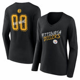 Pittsburgh Steelers Women's Hustle Personalized Name & Number Long Sleeve V-Neck T-Shirt - Black outlet