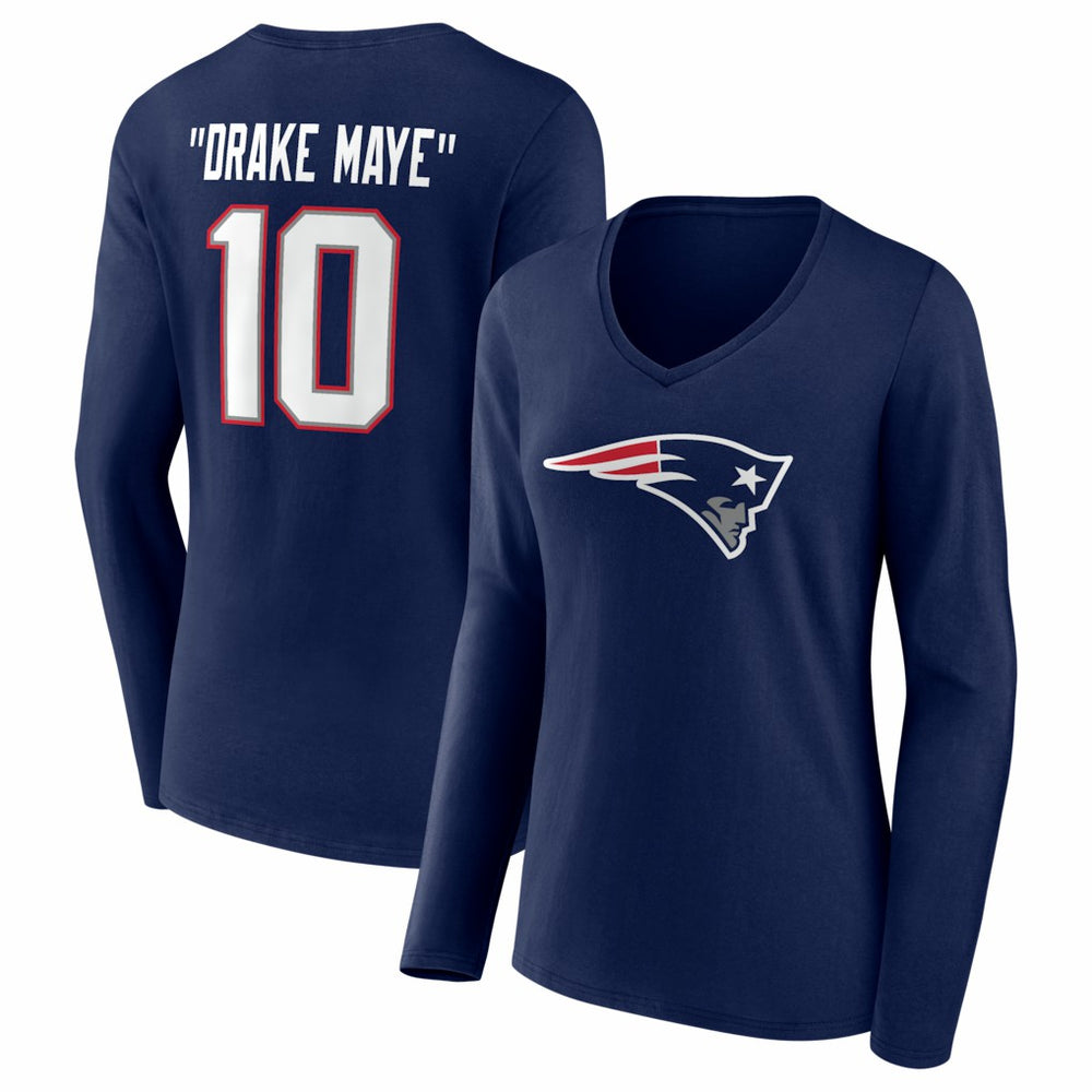 Drake Maye New England Patriots Women's Nickname V-Neck Long Sleeve T-Shirt - Navy discount