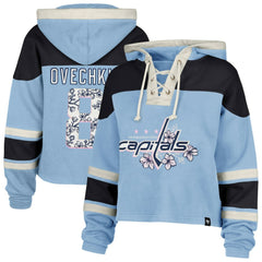 Alexander Ovechkin Washington Capitals '47 Women's Cherry Blossom Superior Lacer Cropped Pullover Hoodie - Light Blue Hoodies