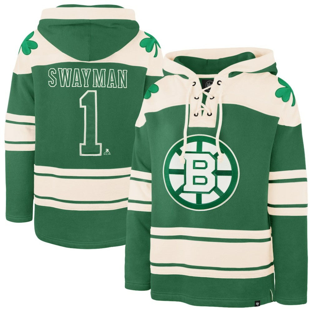 Jeremy Swayman Boston Bruins '47 St. Patrick's Day Player Name & Number Lacer Pullover Hoodie - Kelly Green Hoodies