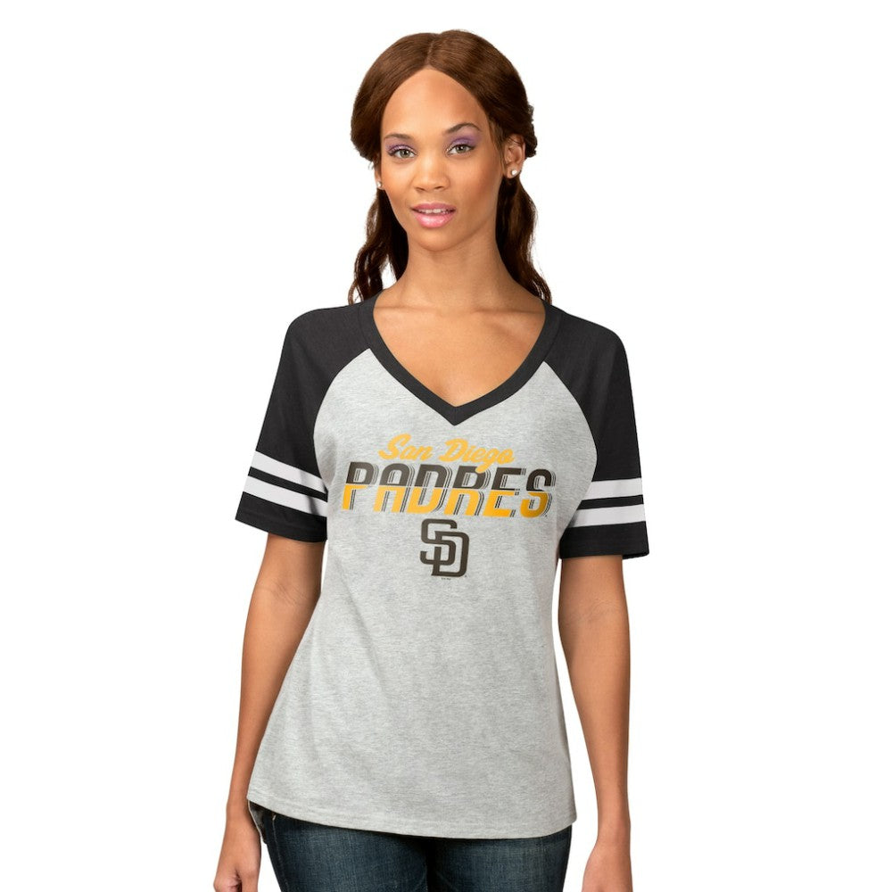 San Diego Padres G-III 4Her by Carl Banks Women's Goal Line Raglan V-Neck T-Shirt Heather Gray