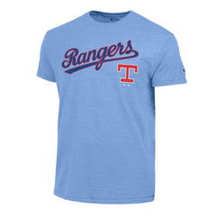 Texas Rangers Champion Cooperstown Wordmark Lockup Tri-Blend T-Shirt Light Blue