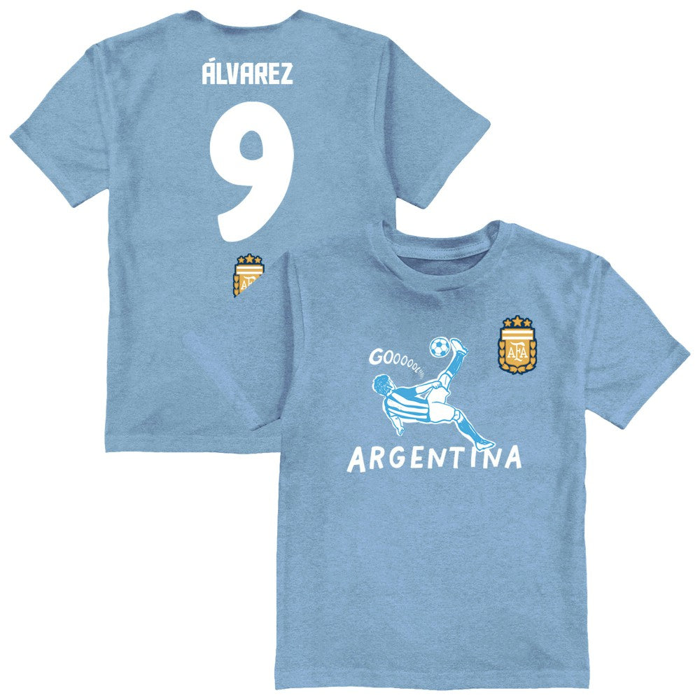 Julián Álvarez Argentina National Team Vive La Fete Youth Player Name & Number Chilena Style T-Shirt for sale - Light Blue
