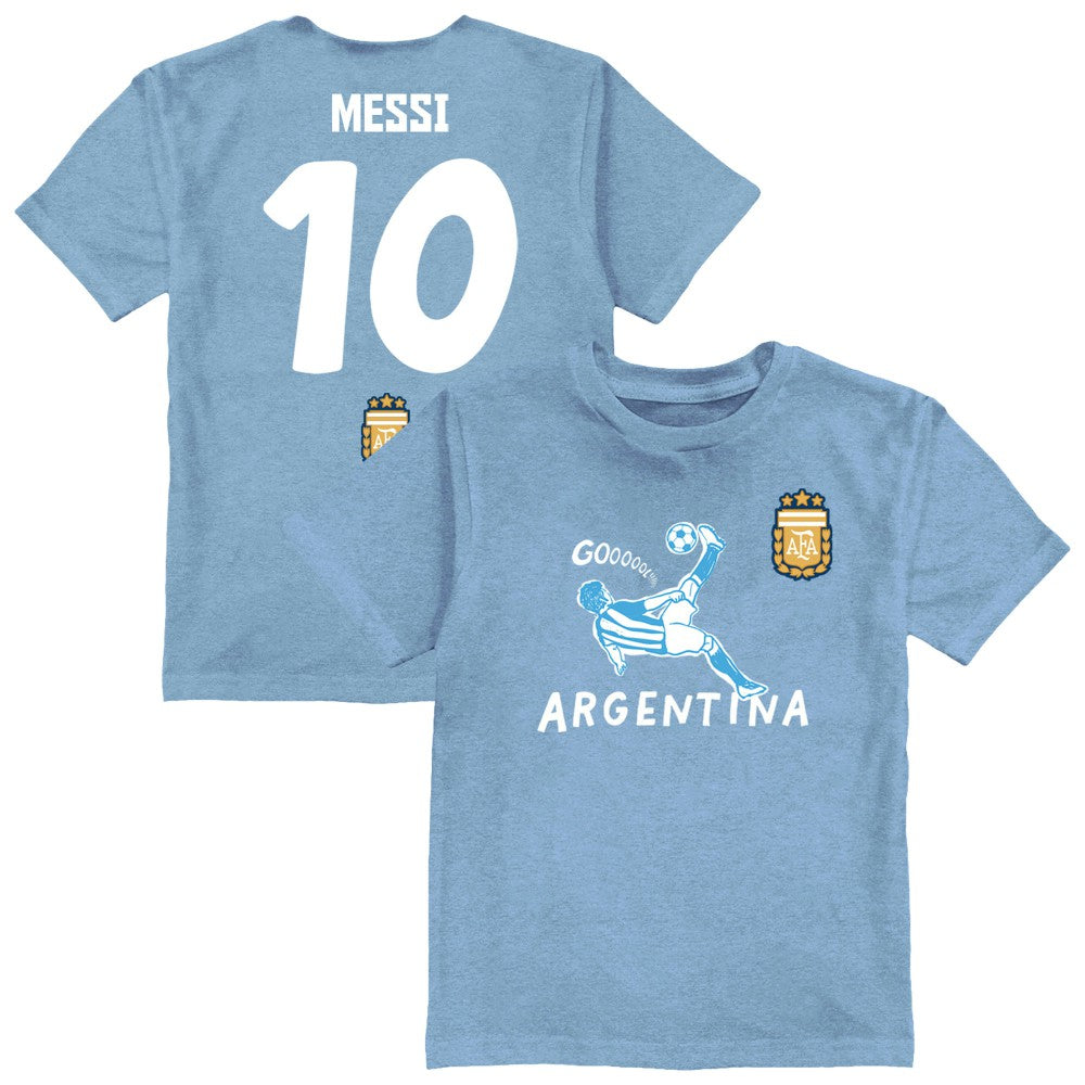 Lionel Messi Argentina National Team Vive La Fete Youth Player Name & Number Chilena Style T-Shirt for sale - Light Blue