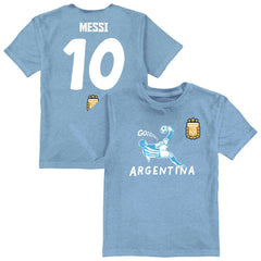 Lionel Messi Argentina National Team Vive La Fete Youth Player Name & Number Chilena Style T-Shirt - Light Blue for sale