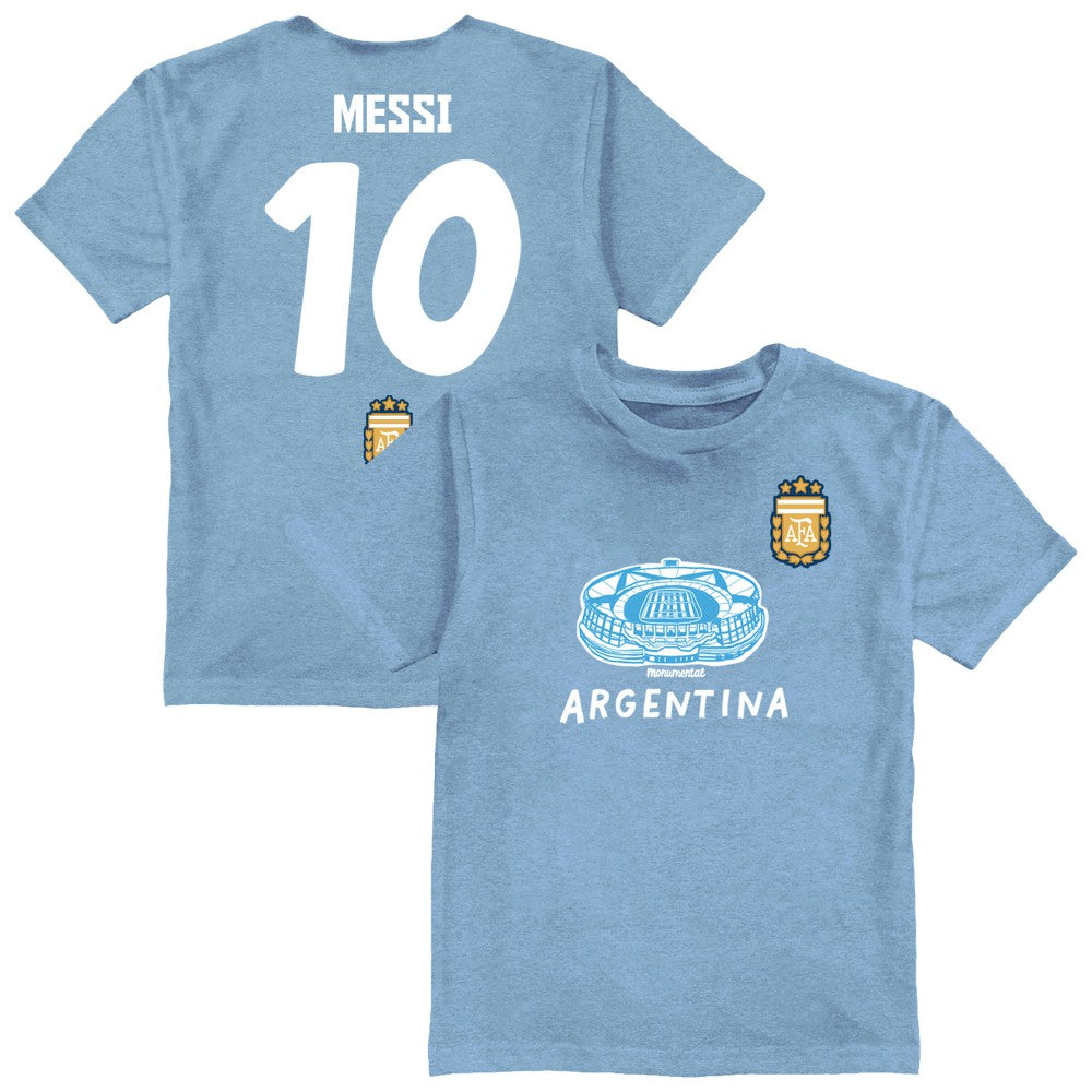 Lionel Messi Argentina National Team Vive La Fete Youth Player Name & Number Stadium Style T-Shirt for sale - Light Blue