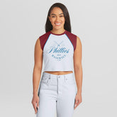 Philadelphia Phillies WEAR by Erin Andrews Women's Cooperstown Cropped Raglan Tank Top White