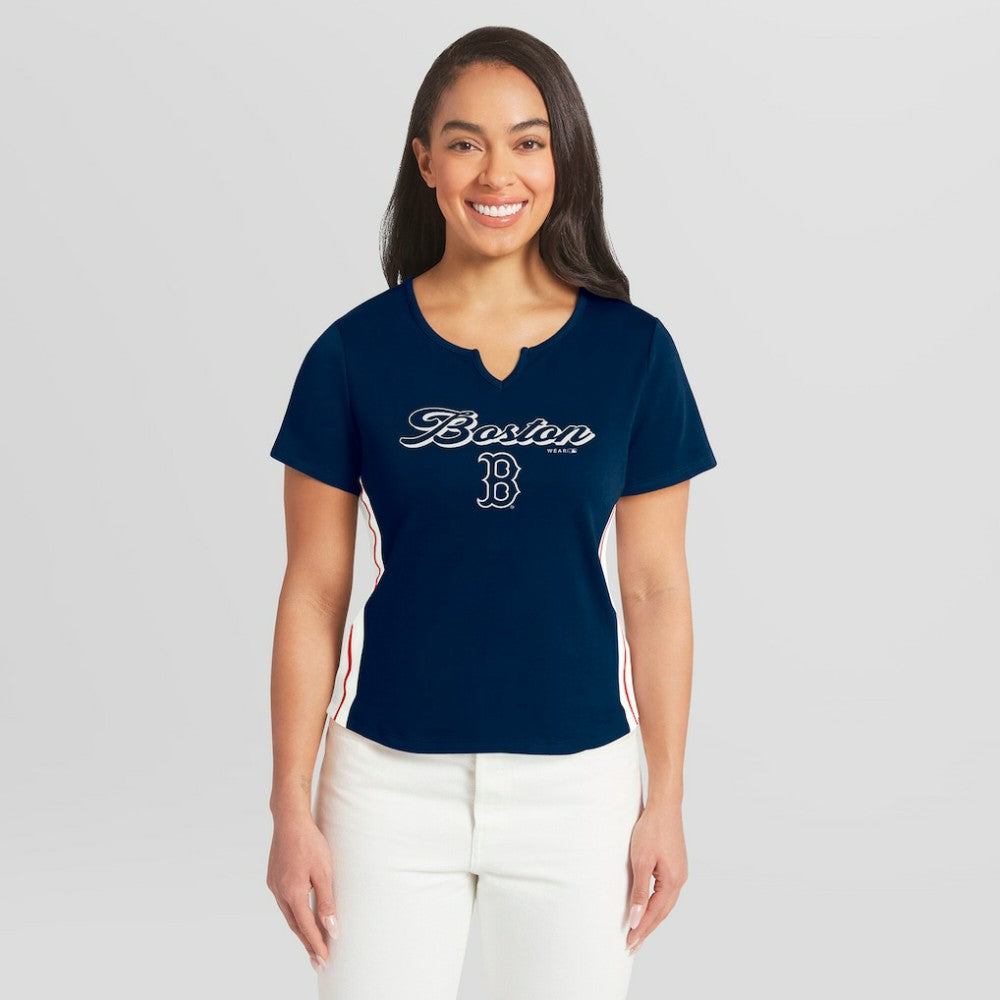Boston Red Sox WEAR by Erin Andrews Women's Notch Neck Cropped T-Shirt Navy