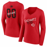Cincinnati Reds Women's Hustle Personalized Name & Number Long Sleeve V-Neck T-Shirt Red