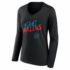 Miami Marlins Women's Hustle Personalized Name & Number Long Sleeve V-Neck T-Shirt Black