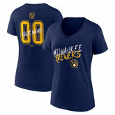 Milwaukee Brewers Women's Hustle Personalized Name & Number V-Neck T-Shirt Navy