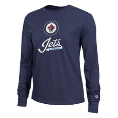 Winnipeg Jets Champion Women's Wordmark Lockup Long Sleeve T-Shirt - Navy T-shirts