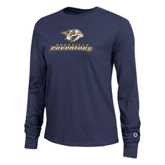 Nashville Predators Champion Women's Wordmark Lockup Long Sleeve T-Shirt - Navy T-shirts