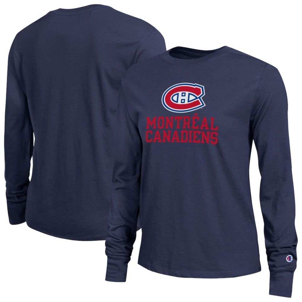 Montreal Canadiens Champion Women's Wordmark Lockup Long Sleeve T-Shirt - Navy T-shirts