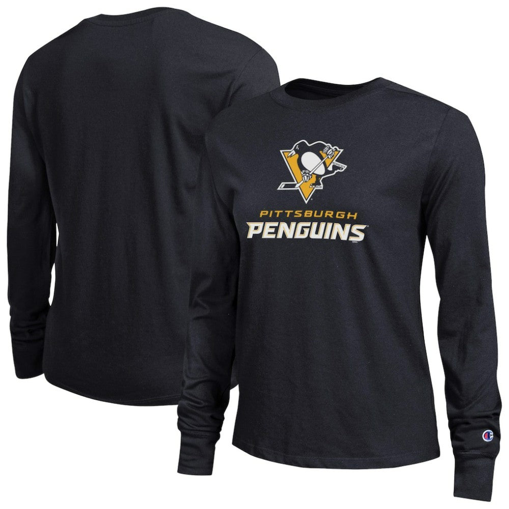 Pittsburgh Penguins Champion Women's Wordmark Lockup Long Sleeve T-Shirt - Black T-shirts