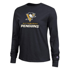 Pittsburgh Penguins Champion Women's Wordmark Lockup Long Sleeve T-Shirt - Black T-shirts