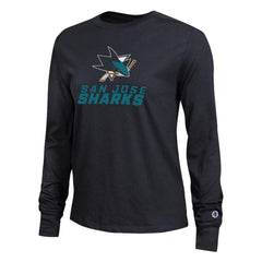 San Jose Sharks Champion Women's Wordmark Lockup Long Sleeve T-Shirt - Black T-shirts