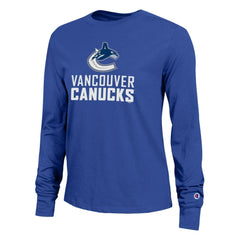 Vancouver Canucks Champion Women's Wordmark Lockup Long Sleeve T-Shirt - Royal T-shirts