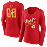 Calgary Flames Women's Hustle Personalized Name & Number Long Sleeve V-Neck T-Shirt - Red T-shirts