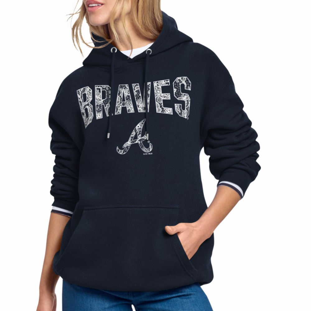 Atlanta Braves Starter Women's Lace Team Lockup Fleece Hoodie Navy