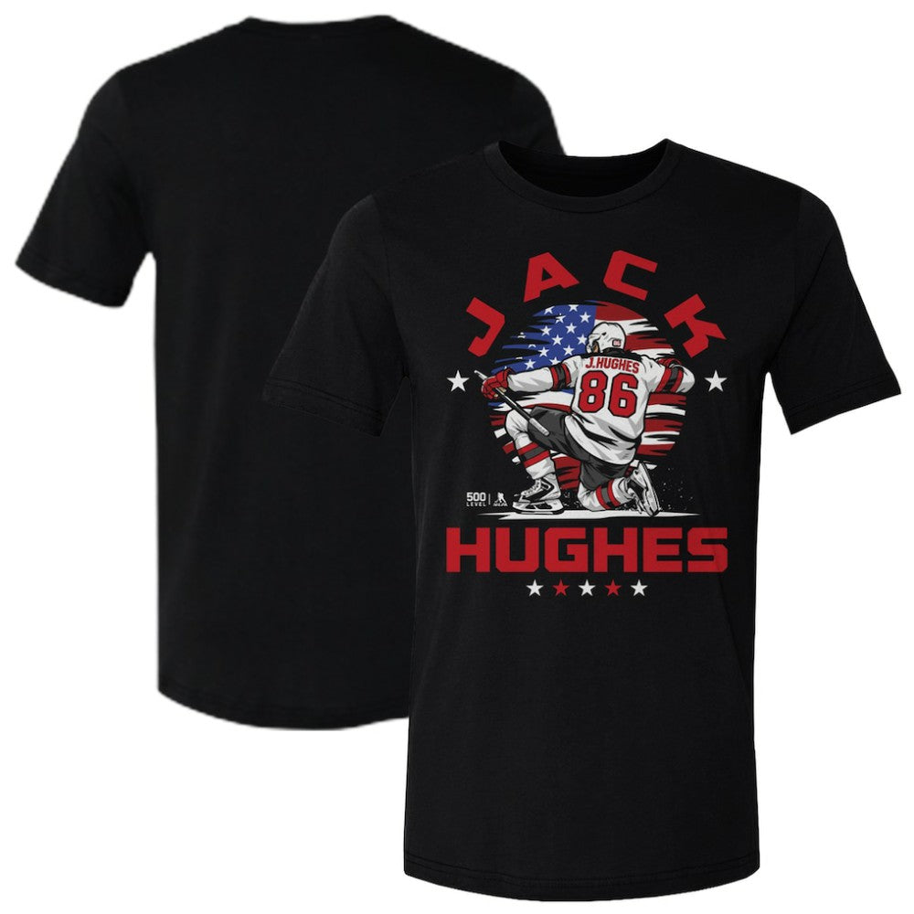Jack Hughes US Men's Hockey 500 Level Flag T-Shirt - Black T-shirts