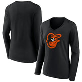 Baltimore Orioles Women's Team Color Primary Logo V-Neck Long Sleeve T-Shirt Black