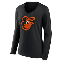 Baltimore Orioles Women's Team Color Primary Logo V-Neck Long Sleeve T-Shirt Black