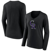Colorado Rockies Women's Team Color Primary Logo V-Neck Long Sleeve T-Shirt Black