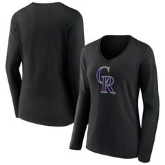 Colorado Rockies Women's Team Color Primary Logo V-Neck Long Sleeve T-Shirt Black