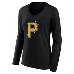 Pittsburgh Pirates Women's Team Color Primary Logo V-Neck Long Sleeve T-Shirt Black
