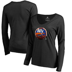 New York Islanders Women's Midnight Mascot Long Sleeve V-Neck T-Shirt - Black T-shirts