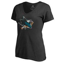 San Jose Sharks Women's Splatter Logo V-Neck T-Shirt - Black T-shirts