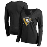 Pittsburgh Penguins Women's Splatter Logo V-Neck Long Sleeve T-Shirt - Black T-shirts
