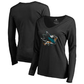 San Jose Sharks Women's Splatter Logo V-Neck Long Sleeve T-Shirt - Black T-shirts