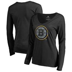Boston Bruins Women's Static Logo Long Sleeve V-Neck T-Shirt - Black T-shirts