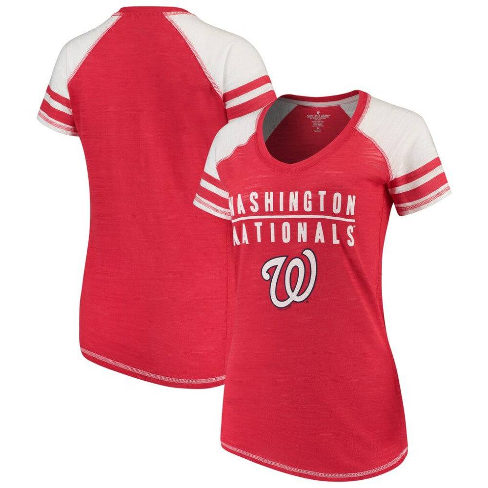 Washington Nationals Soft as a Grape Women's Color Block V-Neck T-Shirt Red