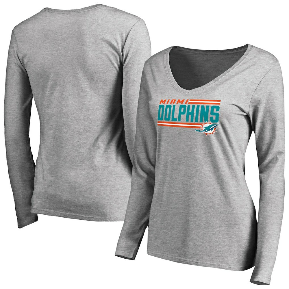 Miami Dolphins Women's Iconic Collection On Side Stripe Long Sleeve V-Neck T-Shirt - Ash cheap