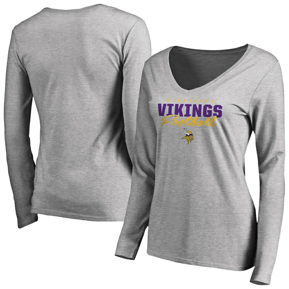 Minnesota Vikings Women's Iconic Collection Script Assist Long Sleeve V-Neck T-Shirt - Ash outlet