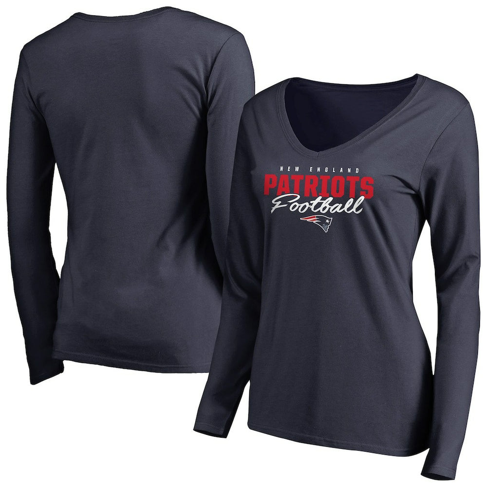New England Patriots Women's Iconic Collection Script Assist Long Sleeve V-Neck T-Shirt - Navy for sale