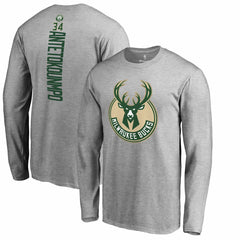Giannis Antetokounmpo Milwaukee Bucks Team Backer Name & Number Long Sleeve T-Shirt - Heathered Gray outlet