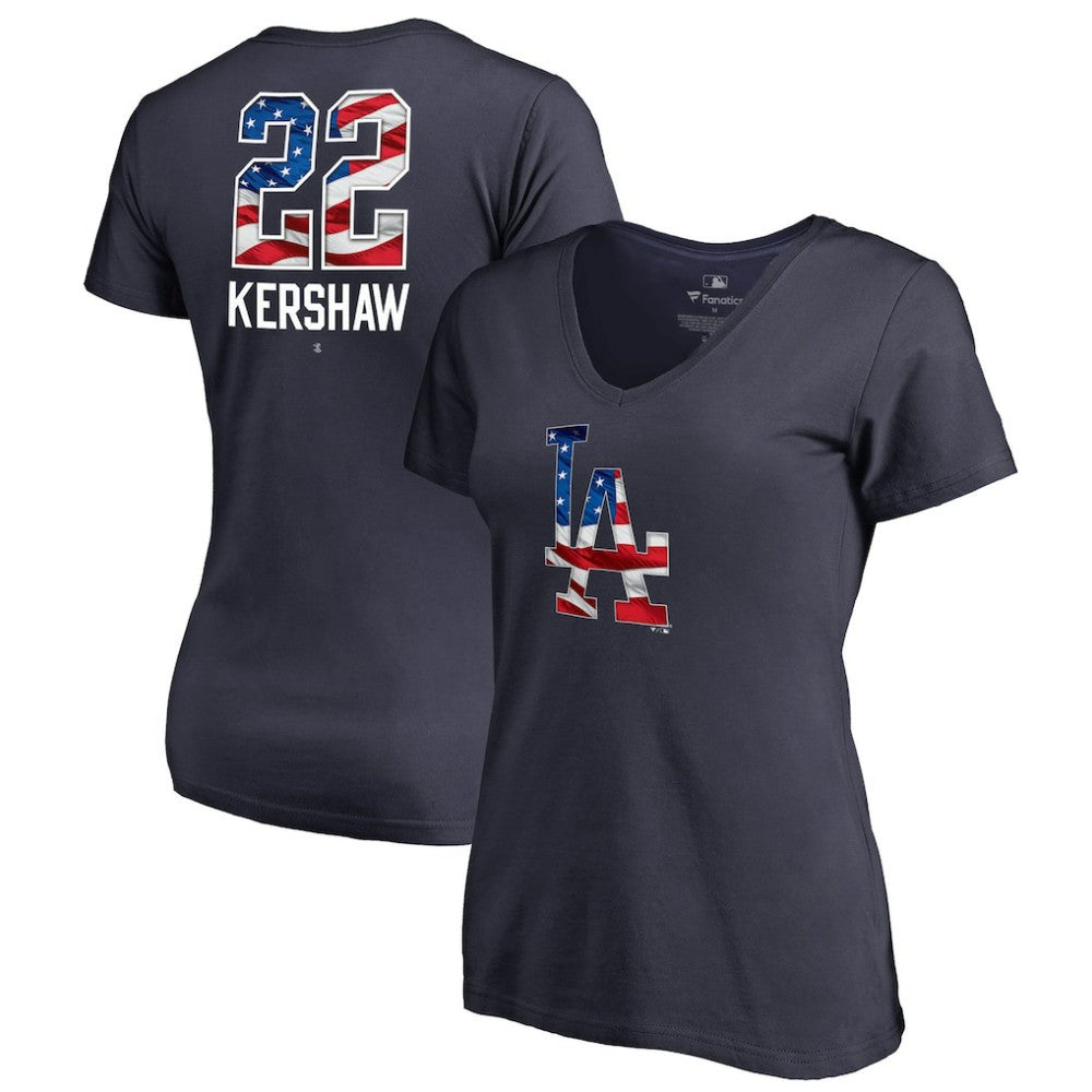 Clayton Kershaw Los Angeles Dodgers Women's Banner Wave Name & Number V-Neck T-Shirt Navy