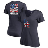 Clayton Kershaw Los Angeles Dodgers Women's Banner Wave Name & Number V-Neck T-Shirt Navy